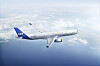 A SAS passenger jet flying above clouds against a blue sky.