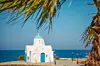 A white seaside chapel framed by palm trees beside the blue Mediterranean in Cyprus.