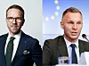 Split portrait of Andreas Carlsson in a suit and Erik Slottner at a microphone against a blue backdrop.