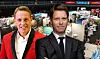 Nils Norberg and Göran Nilervall pose in front of exhibition stands at a busy travel marketplace.
