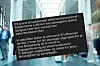 Swedish notice about long security queues displayed in a bright Copenhagen Airport terminal.